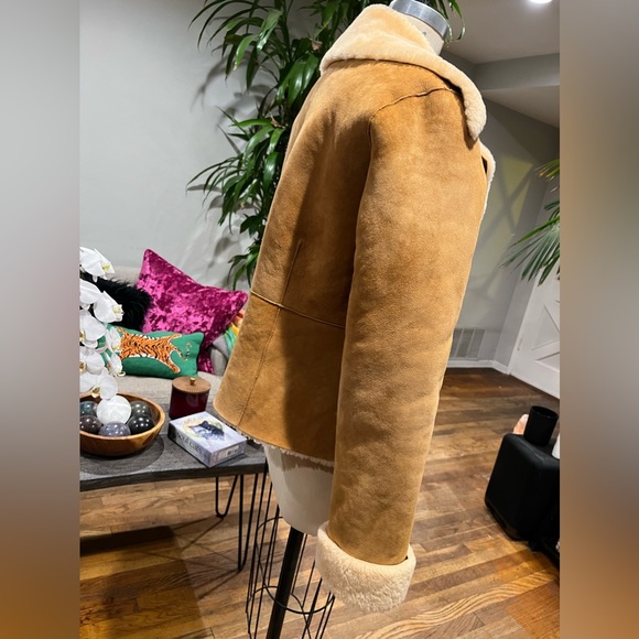 SHERI BODELL Shearling Leather Suede Dyed Lamb Jacket Western Boho Coat Tan - Picture 4 of 8